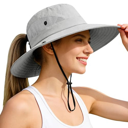 Rosoz Ponytail Sun Bucket Hats for Women UV Protection Foldable Wide Brim - color: 1 Pack-pure Light Grey