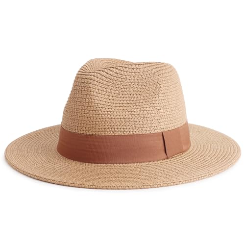 DRESHOW Women Straw Panama Hat Travel Fedora Beach Sun Hat Summer Wide Brim Straw Roll up Hats UPF 50+ - color: Fedora a Khaki (Brown Hatband)