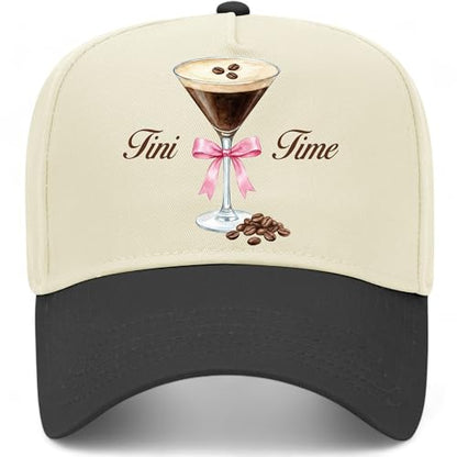 Tini Time Ribbon Hat | Premium Adjustable Snapback Espresso Martini Trucker Hats for Men & Women - color: Black/Natural