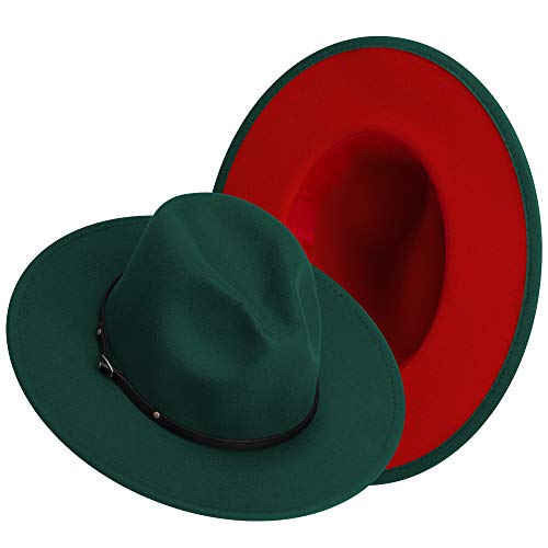 Wide Brim Fedora Hats for Women Mens Felt Fedora Hats With Belt Buckle - color: 6-darkgreen/Red, size: Large-X-Large