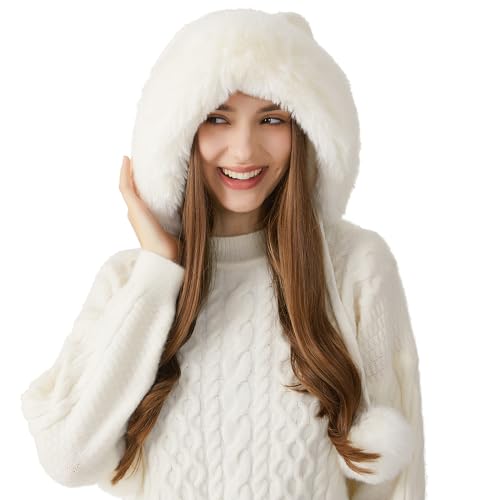 HUAMULAN Women Winter Sherpa Beanie Hats Knit Ear Flaps Fleece Lined - color: Cream White