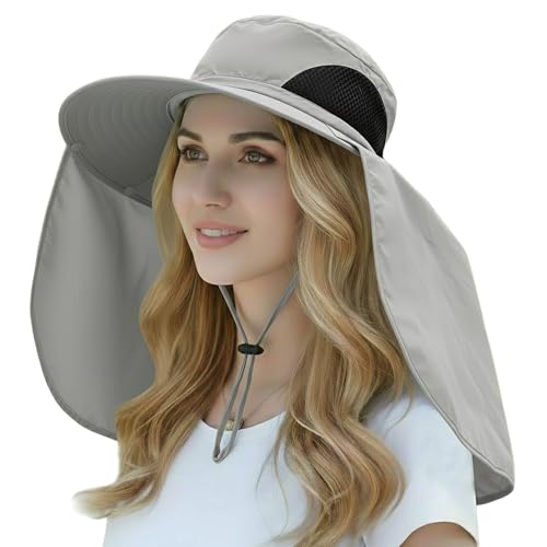 HUAMULAN Women Men Wide Brim Sun Hat Hiking Fishing Hats with Neck Flap - color: Yq005-lightgray