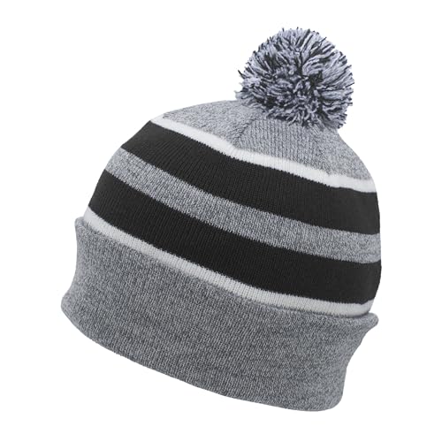 Pacific Headwear Unisex Adult Pacific Headwear Knit Fold Over Pom-pom Beanie - color: Heather/Black/White, size: One Size