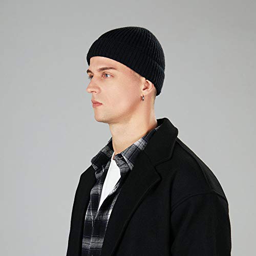 ROYBENS Wool Fisherman Beanies for Men Knit Short Watch Cap Winter Warm Hat - color: 2pcs Black+ Navy Blue