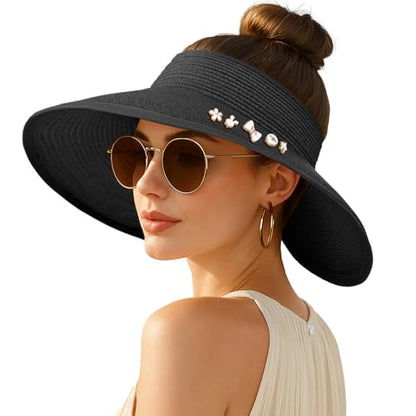 Women's Sun Visor Hats Wide Brim Straw Beach Hat Ponytail Hats for Women Foldable Floppy - color: 1pack-black-diyblack