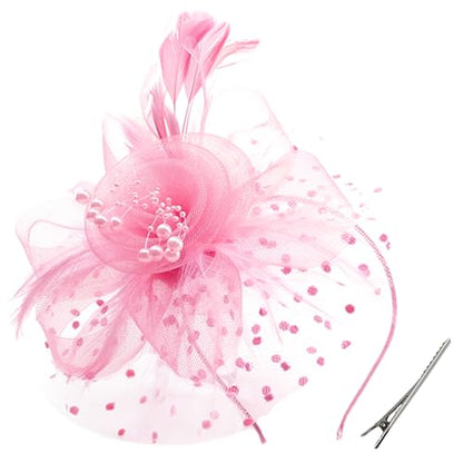 WLBON Fascinators Hat 20s 50s Headband Hair Clips Flower Mesh Veil Feather Headpiece Headwear Women Halloween Carnival Cocktail Wedding Church Cosplay Dress Up Birthday Tea Party Accessories Pink - color: Pink Tone