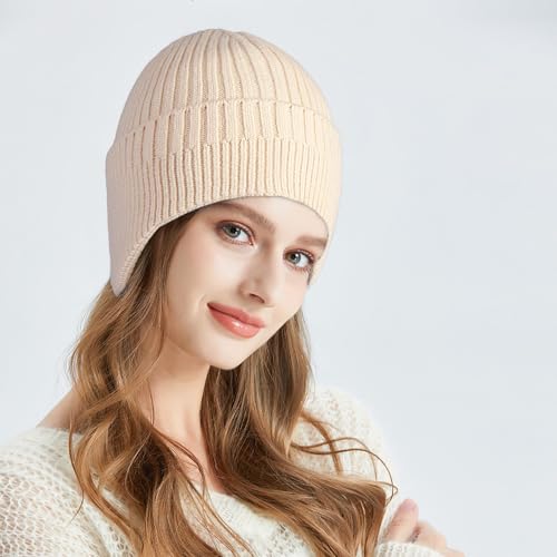 Heniho 2pcs Winter Beanies with Ear Flaps for Men Women, Warm Knit Earflaps Cap Thick Hats - color: G- Black, Beige