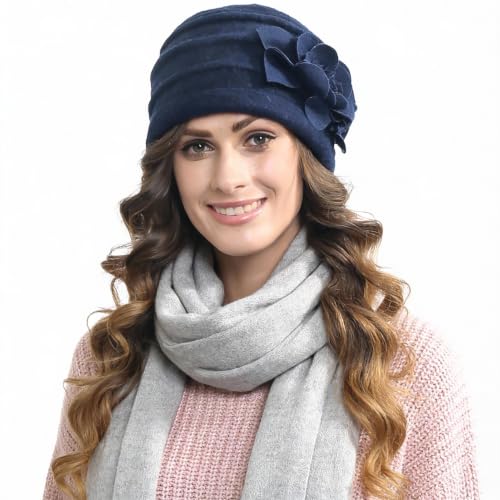 Vintage Women Floral Wool Dress Cloche Winter Hat 1920s - color: C022-d-navy