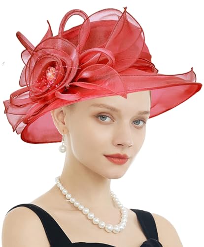 Women's Kentucky Derby Church Dress Hat Wide Brim Leaf Flower Bridal Shower Hat - color: F3 Wine