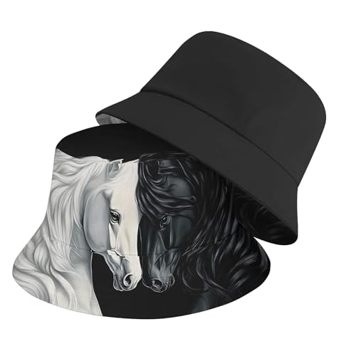 Amasnay Neon Bucket Hat Cotton Double-Side-Wear Reversible Sun Hat for Women Men, Summer Vacation Travel Beach Fisherman Hat - color: Black White Horse