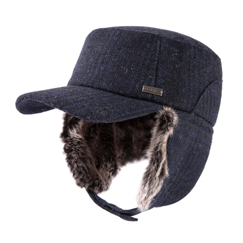 TOP-EX Oversized XL/XXL Unisex Winter Trapper Military Hat Faux Fur Earflaps Quilted Lined Baseball Cap - color: Navy(twill), size: Large