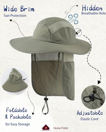 Home Prefer UPF 50+ Sun Hat with Neck Flap Wide Brim Fishing Hat for Men - color: Pea Green