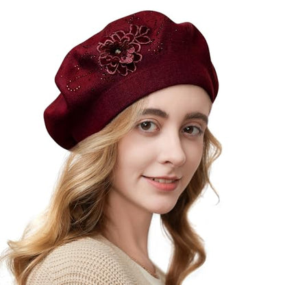 Flower Embroidery Beret Hat for Women, French Style Knitted Beret Hats, Stylish Solid Color Beret Cap for Women Girls Lady - color: Wine Red