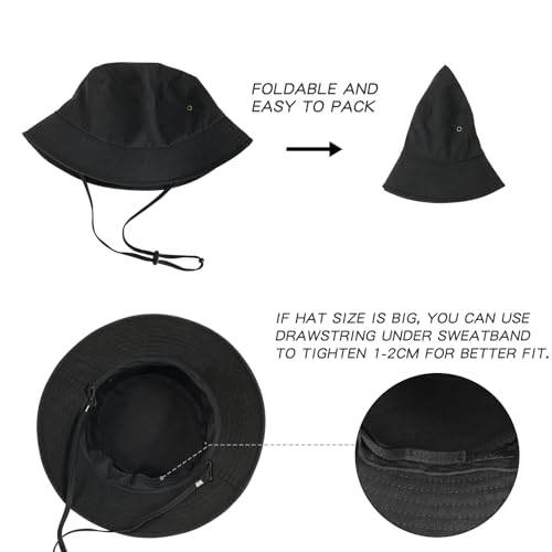 BOTVELA Men Cotton Foldable Flat Top Bucket Sun Hat - color: Black, size: 7 1/8-7 1/4