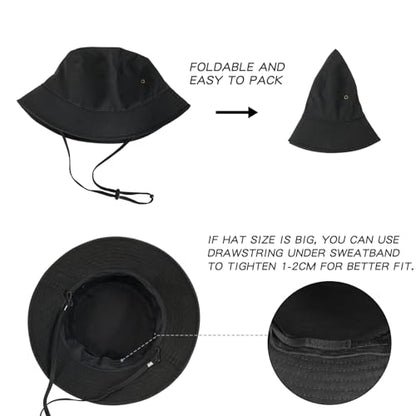 BOTVELA Men Cotton Foldable Flat Top Bucket Sun Hat - color: Black, size: 7 3/8-7 1/2