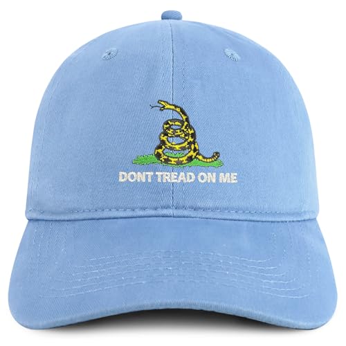 Trendy Apparel Shop Don't Tread on Me Embroidered Unstructured Cotton Dad Hat - color: Carolina Blue