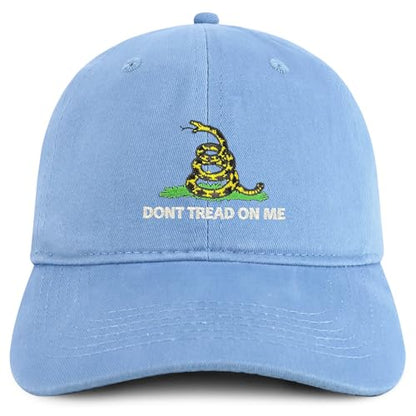 Trendy Apparel Shop Don't Tread on Me Embroidered Unstructured Cotton Dad Hat - color: Carolina Blue