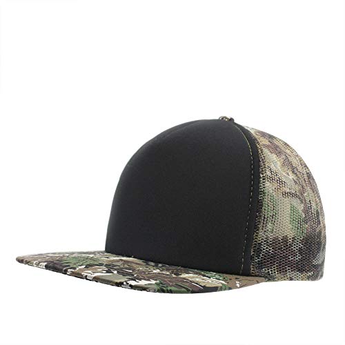 Plain Cotton Twill Flat Brim Mesh Adjustable Snapback Trucker Baseball Cap - color: Brown Camo/Black/Brown Camo