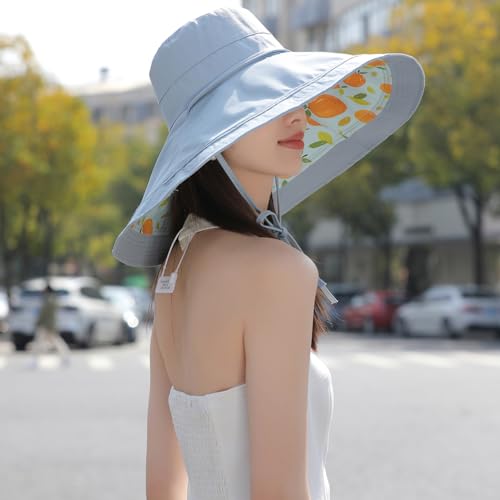 6" Extra Wide Brim Sun Hats UPF 50+ UV Protection Packable Beach Hat Strap Women - color: R-blue
