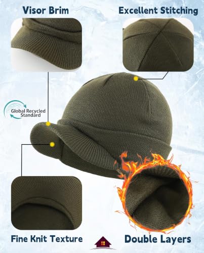 Home Prefer Men's Winter Beanie Hat with Brim Warm Double Knit Cuff Beanie Cap Watch Radar Hat - color: Army Green
