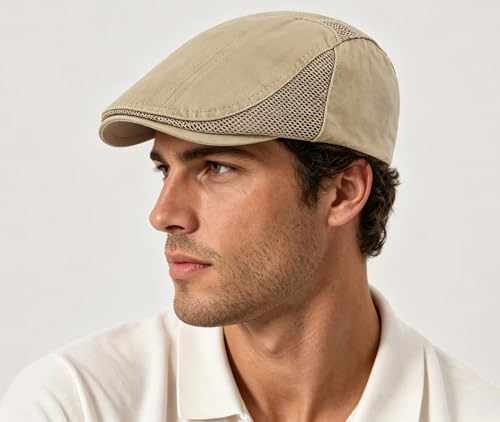 DIYDECAL Mens Cotton Mesh Newsboy Cap Flat Ivy Gatsby Hat Summer Driving Cabbie Cap - color: Khaki