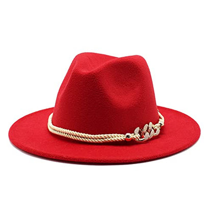 Lady Wide Brim Felt Fedora Panama Hat with Ring Belt - color: Red, size: Medium