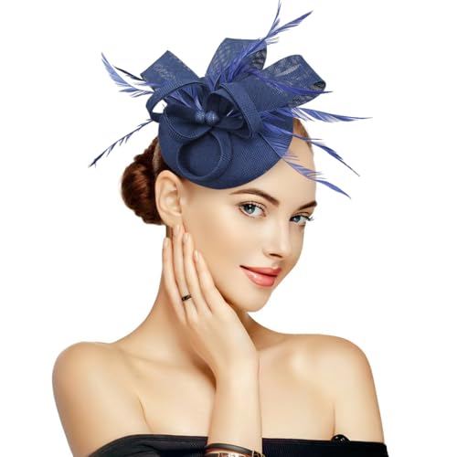 Specell Women's Handmade Tea Party Fascinator Hat, Pillbox Derby Hat with Feather Hair Clip, Elegant Formal Fashion Headwear. - color: A-a-navy Blue