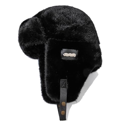 Fluffy Trapper Hats Winter Cozy Plush Ushanka Russian Hat Windproof Ski Hat Pilot Aviator Cap Cold Weather Hat - color: Mg-lfmyymrtb27-black