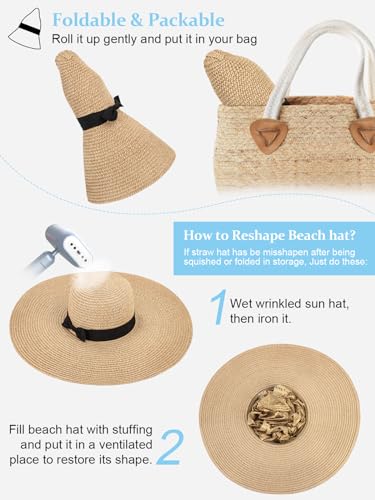 Floppy Sun Hats for Women, Summer Wide Brim Straw Beach Hat - color: Khaki Beige, size: X-Large