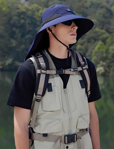 HUAMULAN Women Wide Brim Summer Sun Hat Ponytail Hole with Neck Flap - color: Navy With Black Mesh