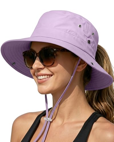 Women Sun Hat with Ponytail Hole Wide Brim Bucket Sun Protection for Summer - color: Light Purple