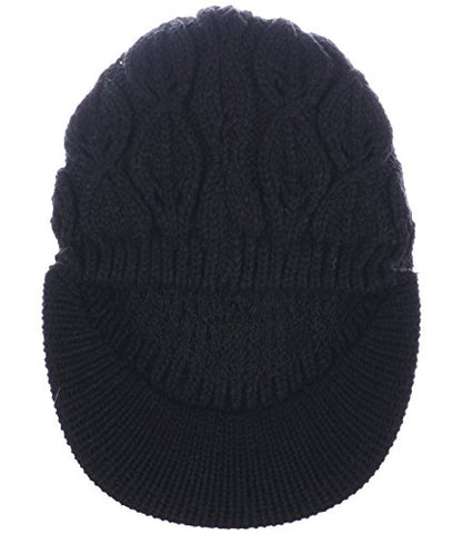 BYOS Womens Winter Chic Cable Warm Fleece Lined Crochet Knit Hat W/Visor Newsboy Cabbie Cap - color: Leafy Black