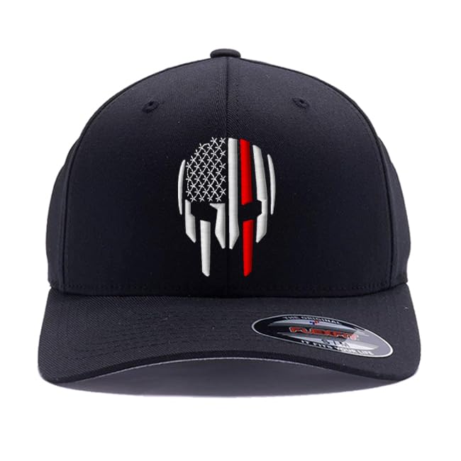 G&B Red Thin Red/Blue Line Spartan Helmet & Distressed Skull Flex Baseball Cap. Embroidered. 6277/6477 Flex Baseball Hat - color: Black, size: Small-Medium