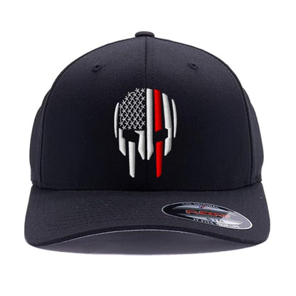 G&B Red Thin Red/Blue Line Spartan Helmet & Distressed Skull Flex Baseball Cap. Embroidered. 6277/6477 Flex Baseball Hat - color: Black, size: Small-Medium