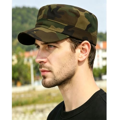 Men's Military Cadet Hat Flat Top Newsboy Cap - color: C - Brown ( Camo )