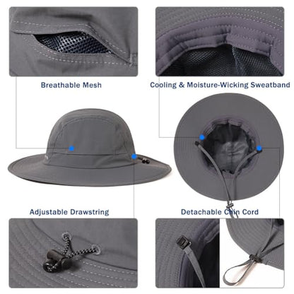 XL/XXL Waterproof Mens Sun Hat Wide Brim UPF 50+ Bucket Hat - color: Dark Grey, size: Medium-Large