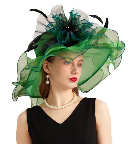 ORIDOOR Women Hats Headband Hairpin Organza Fascinator Church Hat Floral Tea Party Wedding Hat - color: 007 Dark Green