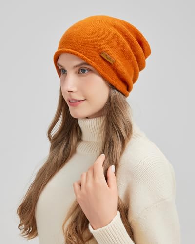 100% Merino Wool Slouchy Beanie Hat, Women Warm Winter Caps Soft, Ladies Breathable & Cozy Stretchy Knitted Skull Cap - color: Orange
