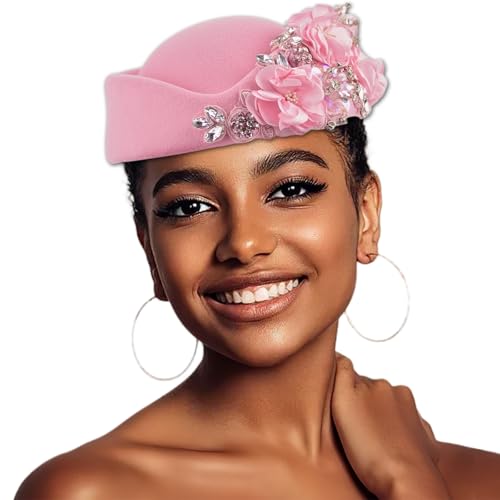 Women's Retro Stewardess Felt Hat, British Berets, Rhinestone Flower Decor, Ladies' Church Derby Hat - color: Pink