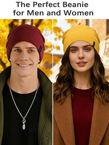Wool Blend Thin Beanie for All Season, 2 Pack Lightweight Slouchy Knit Beanie Hats Sleep Cap - color: Red/Yellow