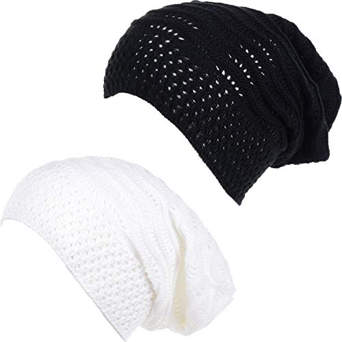BYOS Women's Airy Cool Lightweight Cutout Long Slouchy Crochet Knit Beanie Hat - color: 2 Pack-wavy Line White & Bk