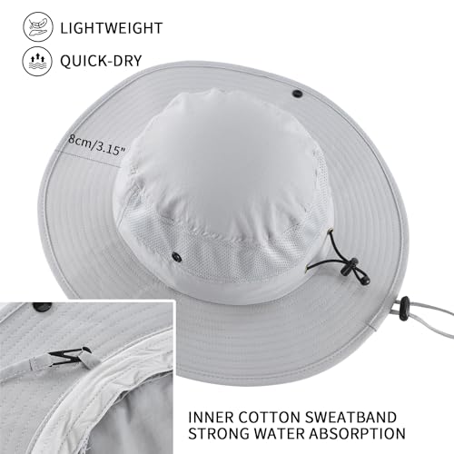 Home Prefer UPF50+ Mens Sun Hat Wide Brim Womens UV Protection Beach Bucket Hat for Fishing Hiking Snap Up Cowboy Hat - color: Light Grey