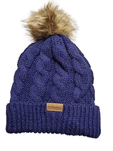 Novarena Thick Cable Knit Faux Fuzzy Fur Pom Fleece Lined Skull Cap Cuff Beanie - color: Navy Blue Pom Beanie