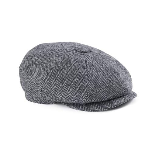 FEINION Men 8 Panel Herringbone Wool Newsboy Cap - color: Herringbone Grey, size: 7 3/8