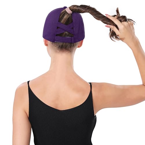 ZTL Womens High Ponytail Baseball Cap Performance Mesh Hat, Lightweight Quick Dry Race Day Running Hat with Reflective Trim - color: Purple