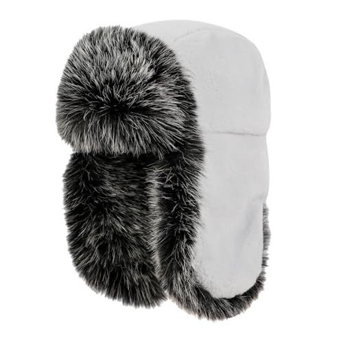 PURFUN Fuzzy Faux Fur Ushanka Russian Hat for Men Women, Winter Plush Full Hood Earflap Cap Cycling Ski Hunting Trapper Hat - color: White
