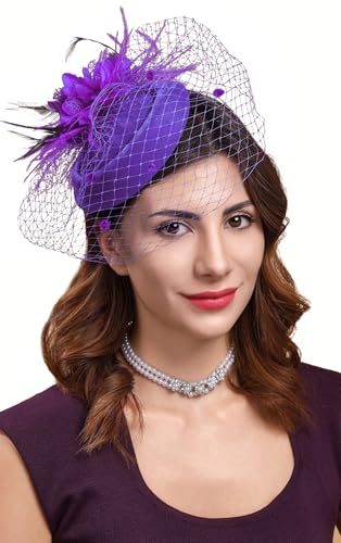 Fascinators Hats for Women Pillbox Hat 20s 30s 50s Vintage Feather Headwear Bowler Flower Veil Wedding Tea Party Hat - color: X-purple