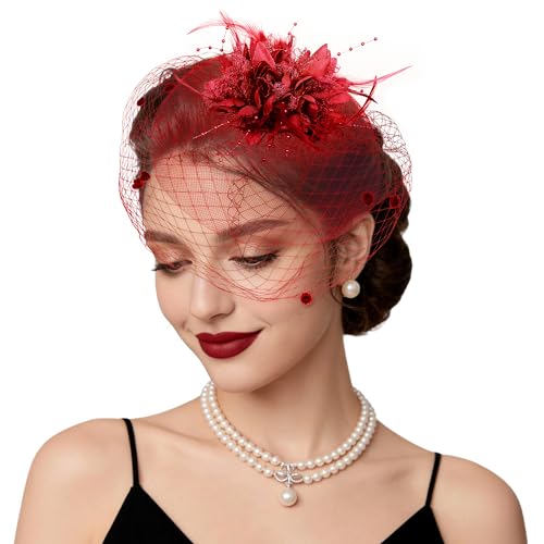 Fascinators Hats Tea Party Hats for Women Feather Veil Headband Vintage Lace Cocktail Headwear Bridal Wedding Veil Retro Hat - color: Wine Red