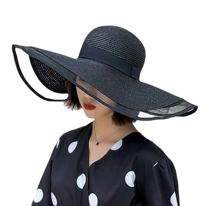 Womens Mens Wide Brim Straw Panama Hat Beach Sun Hat Summer Wide Brim Straw Roll up Hat Fisherman's UPF 50 - color: +Black