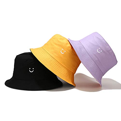 Unisex Cotton Packable Bucket Hat Sun Hat Beach Cap for Men Women - color: Smile Face Beige/Yellow